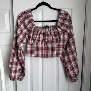 Love Tree Plaid Print Balloon Sleeve Crop Top Size Large NWOT